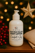 Load image into Gallery viewer, Goat milk tallow body lotion bottle with festive background