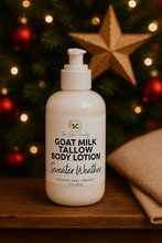 Load image into Gallery viewer, Body lotion bottle with a Christmas tree in the background