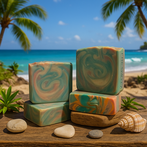 Marbled soap bars on a wooden surface with a beach and palm trees in the background