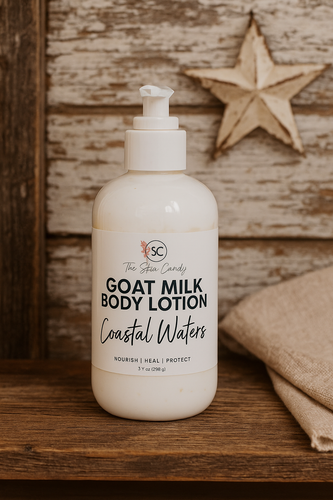 Goat milk tallow body lotion bottle on a wooden surface with a star decoration in the background.