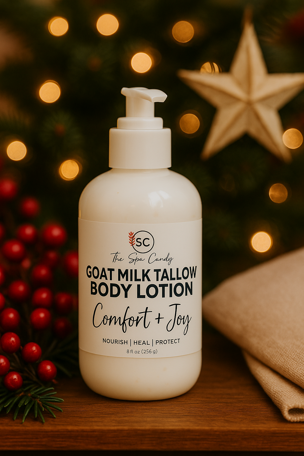 Goat milk tallow body lotion bottle with festive background
