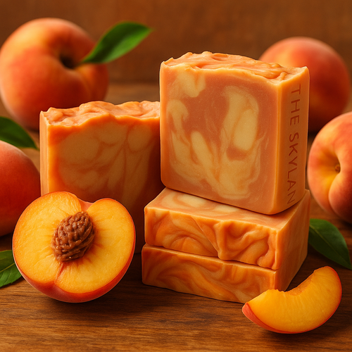 Peach-flavored soap bars with peaches and a slice of peach on a wooden surface