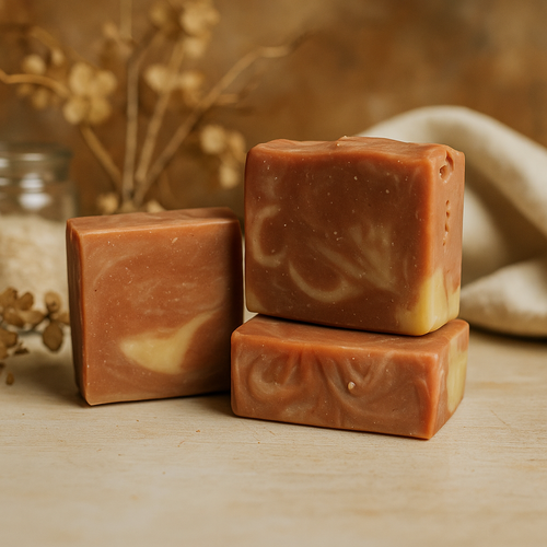 Three bars of brown soap with swirl patterns on a wooden surface, with a blurred background.